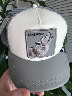 Goorin Bros LFG Lone Wolf Gray & White 100% Leather Trucker Hat Snapback Grey